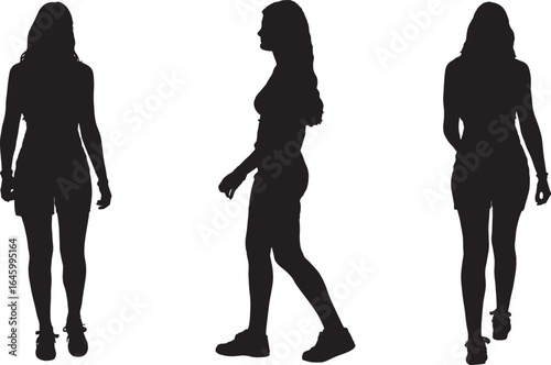 vector, silhouette of front,side and back view of a teenage girl walking dressed and summer clothes