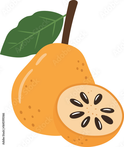 Ripe yellow pear with leaf sliced half