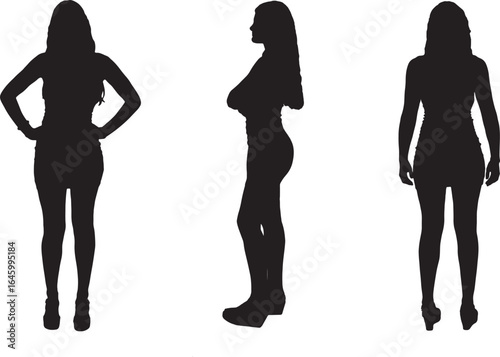 vector, silhouette front, side, and back view of a standing teenage girl wearing a dress