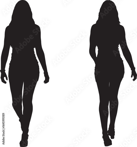 vector,  silhouette of a front, and back view of same teen gir with short dress walking