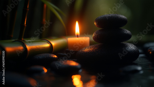 Peaceful spa scene with stacked black stones, a lit candle, and bamboo stems, softly illuminated by warm candlelight, creating a tranquil and meditative atmosphere