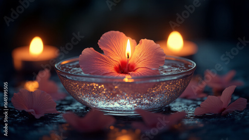 A floating hibiscus flower candle in a glass bowl with shimmering water, surrounded by soft candlelight and petals, creating a warm, romantic, and tranquil atmosphere
