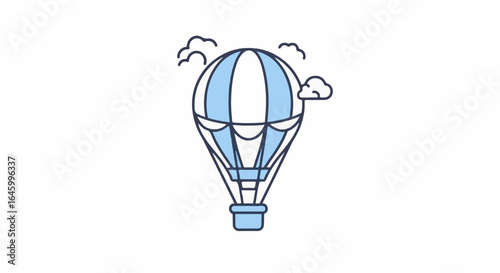 Blue hot air balloon with clouds. Depicts balloon icon in soft pastel colors against bright white background. Shows concept balloon icon for travel designs, for website icon design.