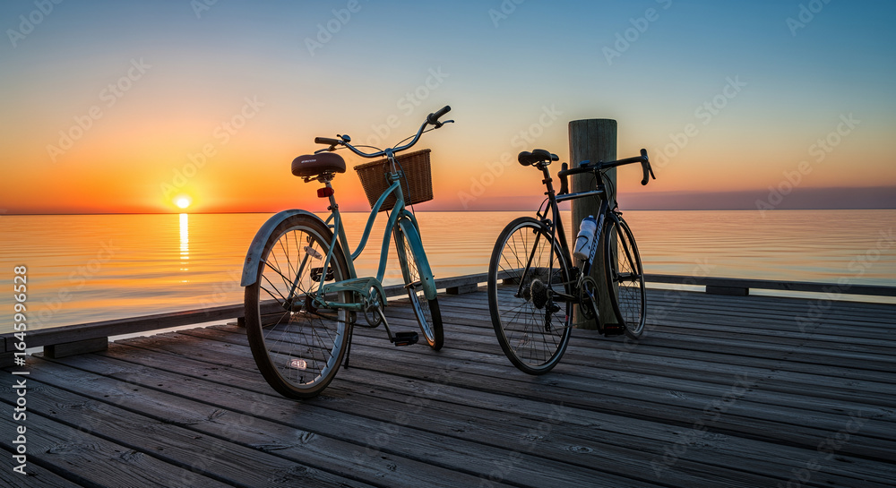 Fototapeta premium Two bicycles parked by the water at sunset, symbolizing friendship and shared adventures