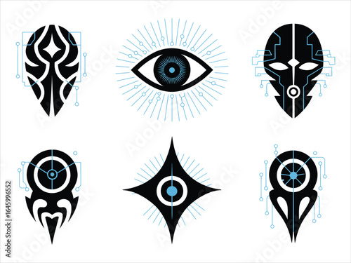Black abstract symbols with blue circuitry vector