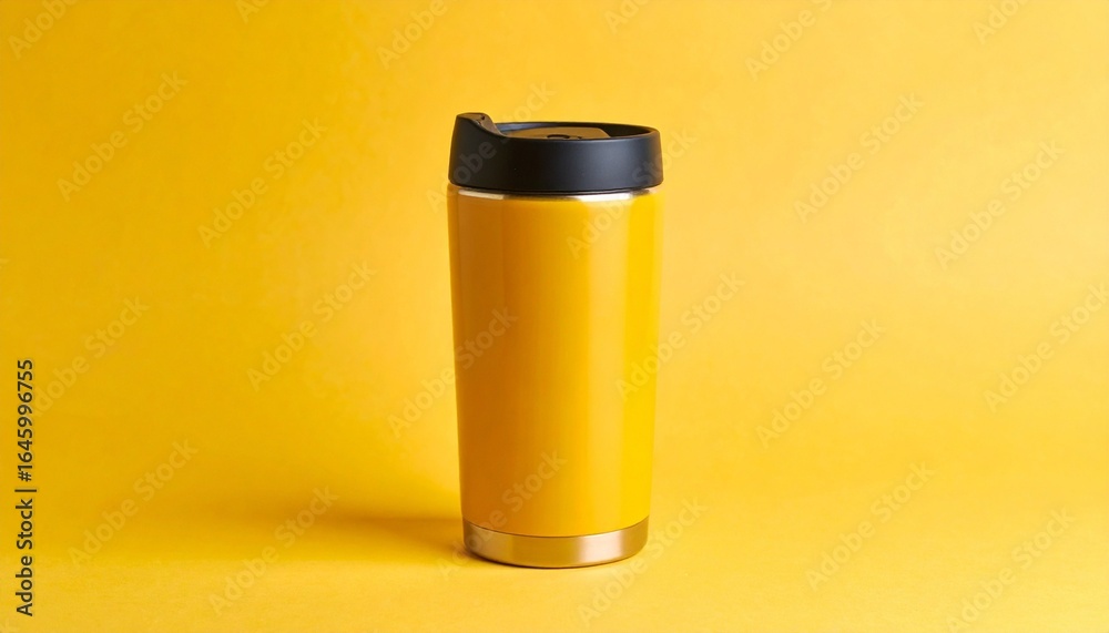 Yellow travel mug with black lid and metallic base on matching yellow background Yellow travel mug with black lid and metallic base on matching yellow background