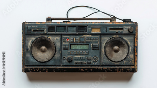 Old with scratches boombox isolated on white background