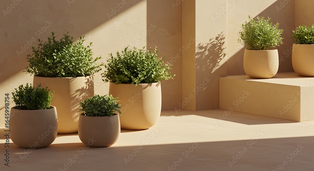 Fototapeta premium Assorted potted plants in varying sizes arranged on a beige surface with sunlight and shadows cast on them
