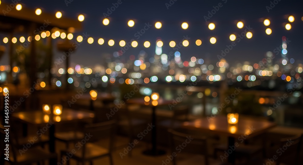 Obraz premium Blurred rooftop patio with city lights at night