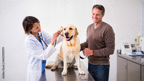 Veterinarian Examining a Happy Dog with Owner [in a Clinic Setting]

