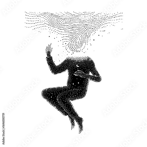 Abstract surrealism figure art black and white stipple illustration conceptual design surreal artwork stippling art