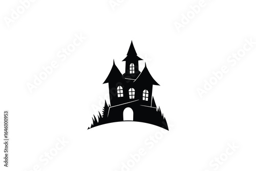 Black silhouette illustration of a haunted house with towers and turrets on a white background