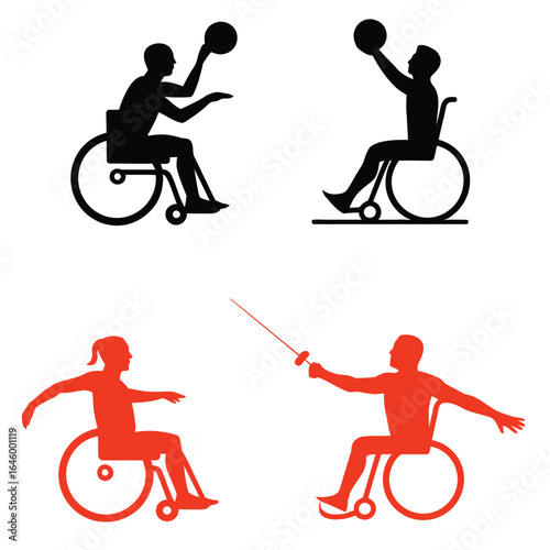 Wheelchair athletes playing sports basketball fencing