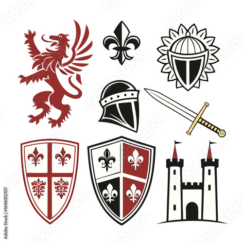 Collection of medieval heraldic symbols including a lion, fleur de lis, shields, sword, helmet, and castle, isolated on white background