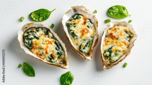 Baked Oysters with Spinach and Cheese on a Simple White Plate
