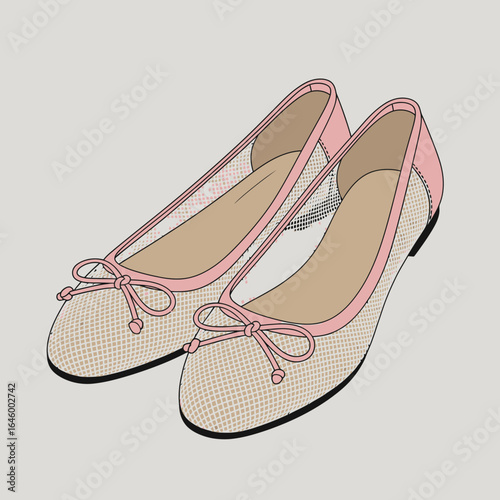 Pink Ballet Flats Illustration, Fashionable Beige Shoes with Bows and Netting