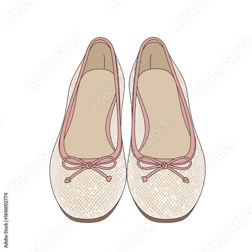Elegant Ballet Flats Illustration with Delicate Bow Detail, Illustration of Chic Ballet Flats with Pink Trim and Subtle Pattern