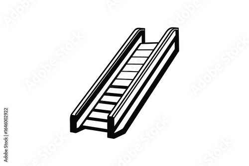 Simple black and white illustration of an empty escalator on a plain white background silhouette