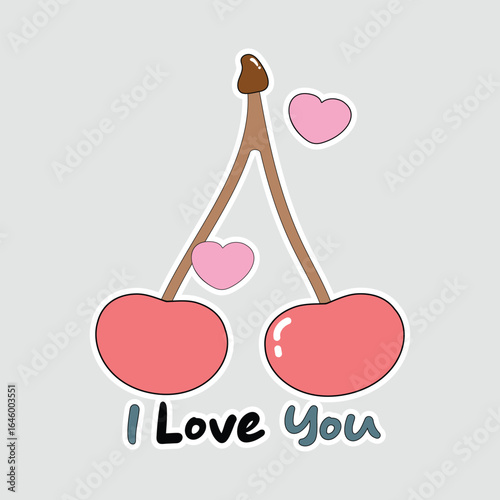 Cute Cherry I Love You Sticker Vector. Adorable vector sticker of cherries with heart shapes and I Love You text. Great for romantic, sweet, or Valentine's designs