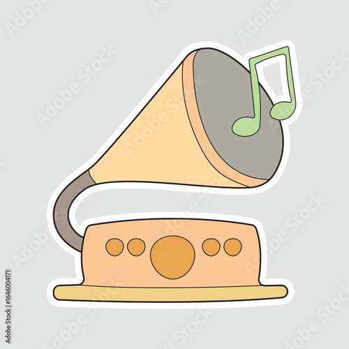 Vintage Gramophone Music Sticker Vector. Retro vector illustration of a gramophone music player with musical notes. Perfect for vintage, music, and nostalgic-themed designs