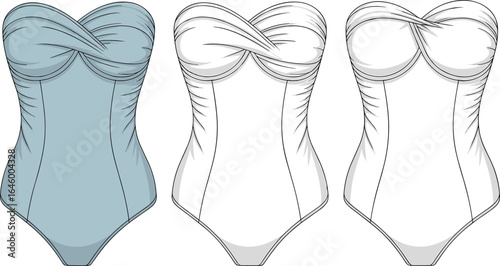 Women’s strapless swimsuit, twist-front one-piece design, sweetheart neckline, front and back view, fashion flat sketch, swimwear template, apparel vector illustration