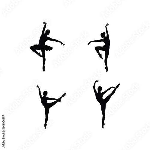 Ballet dancer silhouettes isolated on white background showing different poses for dance, performance, art, grace, elegance, movement and stage