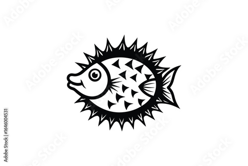 Black and white illustration of a pufferfish with spines and triangular markings on a white background silhouette