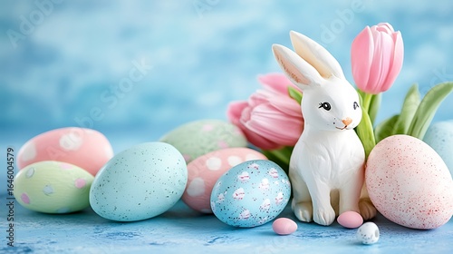 A decorative bunny with colorful eggs and tulips for springtime celebrations