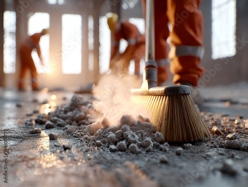 Cleaning workers diligently sweep debris from construction site, showcasing their hard work and dedication. warm light enhances atmosphere of productivity and teamwork