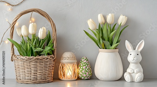 Springtime decorations including tulips a basket and decorative easter elements