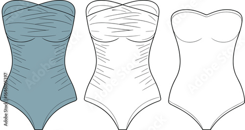 Women’s strapless swimsuit, ruched one-piece design, sweetheart neckline, front and back view, fashion flat sketch, swimwear template, apparel vector illustration