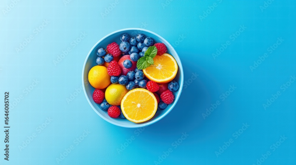 Obraz premium Vibrant Food Photography A colorful fruit bowl overflowing with fresh berries, citrus fruits, and grapes, top down view, bright lighting.