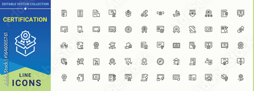 Certification line icon set. Perfect for logos and infographic. Control modern icon set. Contains related to product, check, mark, certificate, control, assurance and more.