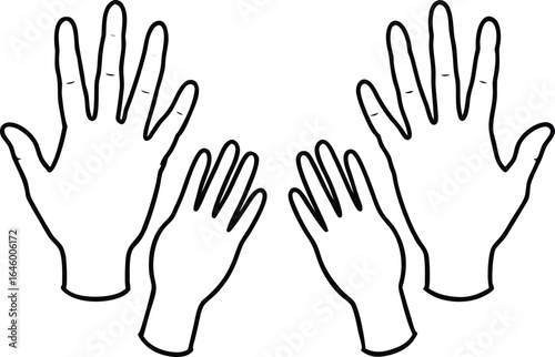 Hand showing five fingers outline drawing illustration. one continuous line drawing of human hand goodwill gesture.character, outline, finger, continuity, person, showing, business, communication, 