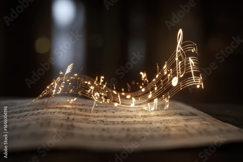 Glowing Music Notes Flowing Above Sheet Music on Dark Background