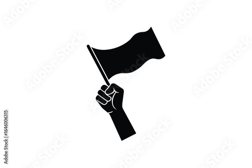 Black and white illustration of a hand holding a flag in a powerful gesture of protest or solidarity silhouette