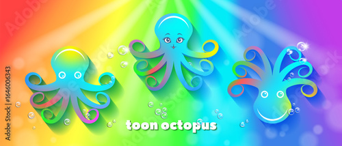Vector set of classical rainbow colorful cartoon cute light stylistic octopuses. Collection of toon underwater funny cephalopods with tentacles. Iridescent radiant background and bubbles. Octopus
