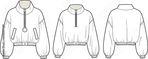 Women’s bomber jacket, cropped style, half zip and full zip designs, high collar, front and back view, fashion flat sketch, apparel vector template