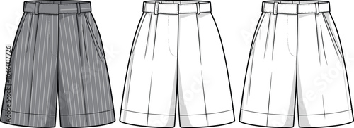 Classic knee-length pleated shorts with tailored waistband, belt loops, turned-up hem, and vertical stripes for a smart, timeless, and versatile warm-weather wardrobe essential