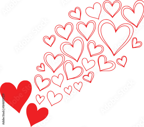 Many red hearts floating upwards on a white background love romance