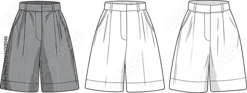 Tailored knee-length pleated shorts with front darts, wide-leg fit, belt loops, and turned-up hem for a polished, versatile, and comfortable summer look