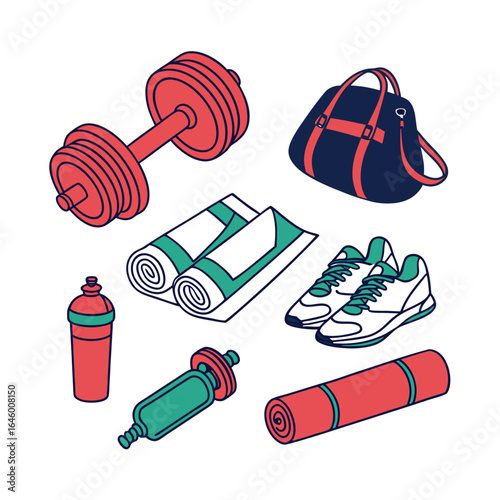Fitness and gym equipment collection including a dumbbell, gym bag, yoga mat, foam roller, shaker bottle, and athletic shoes, isolated on white background