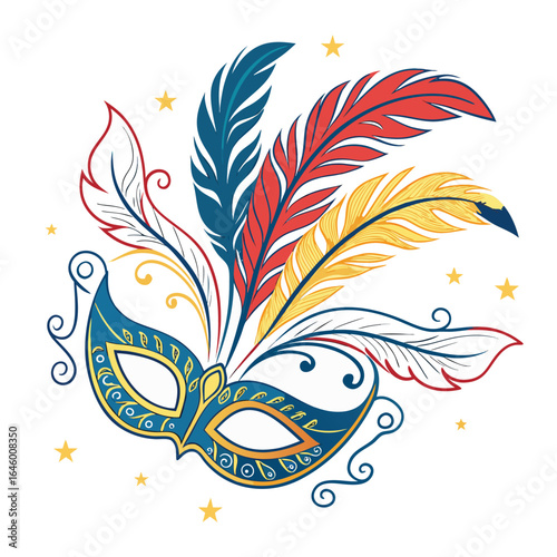 Ornate venetian masquerade mask with colorful feathers, isolated on white background