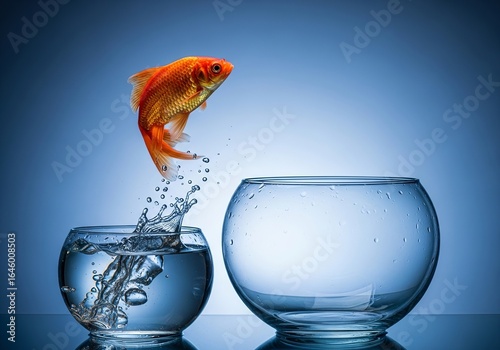 Goldfish leaps from a small bowl to a larger one symbolizing change