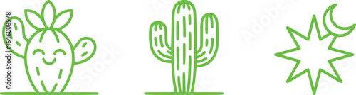 Smiling cactus and celestial bodies line art moon star