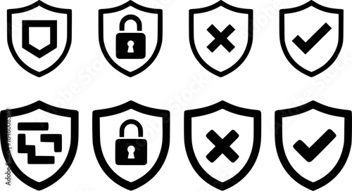 Shield icons with lock cross and checkmark symbols security protection