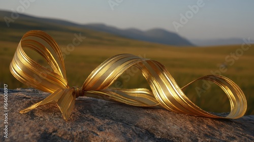 Shiny Golden Ribbon Bow on a Natural Landscape Background
