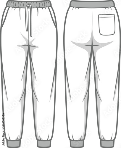 Modern jogger sweatpants with contrast waistband and cuffs, adjustable drawstring, side pockets, back patch pocket, and tapered fit for casual, athletic, or streetwear style