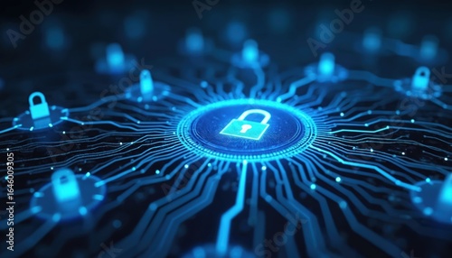 Digital illustration of cybersecurity initiatives featuring central glowing padlock symbol connected by circuit lines to multiple smaller padlocks. Abstract representation critical infrastructure