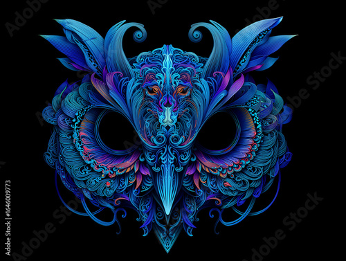 Intricate and colorful mask design featuring vibrant blue and purple hues in an abstract style